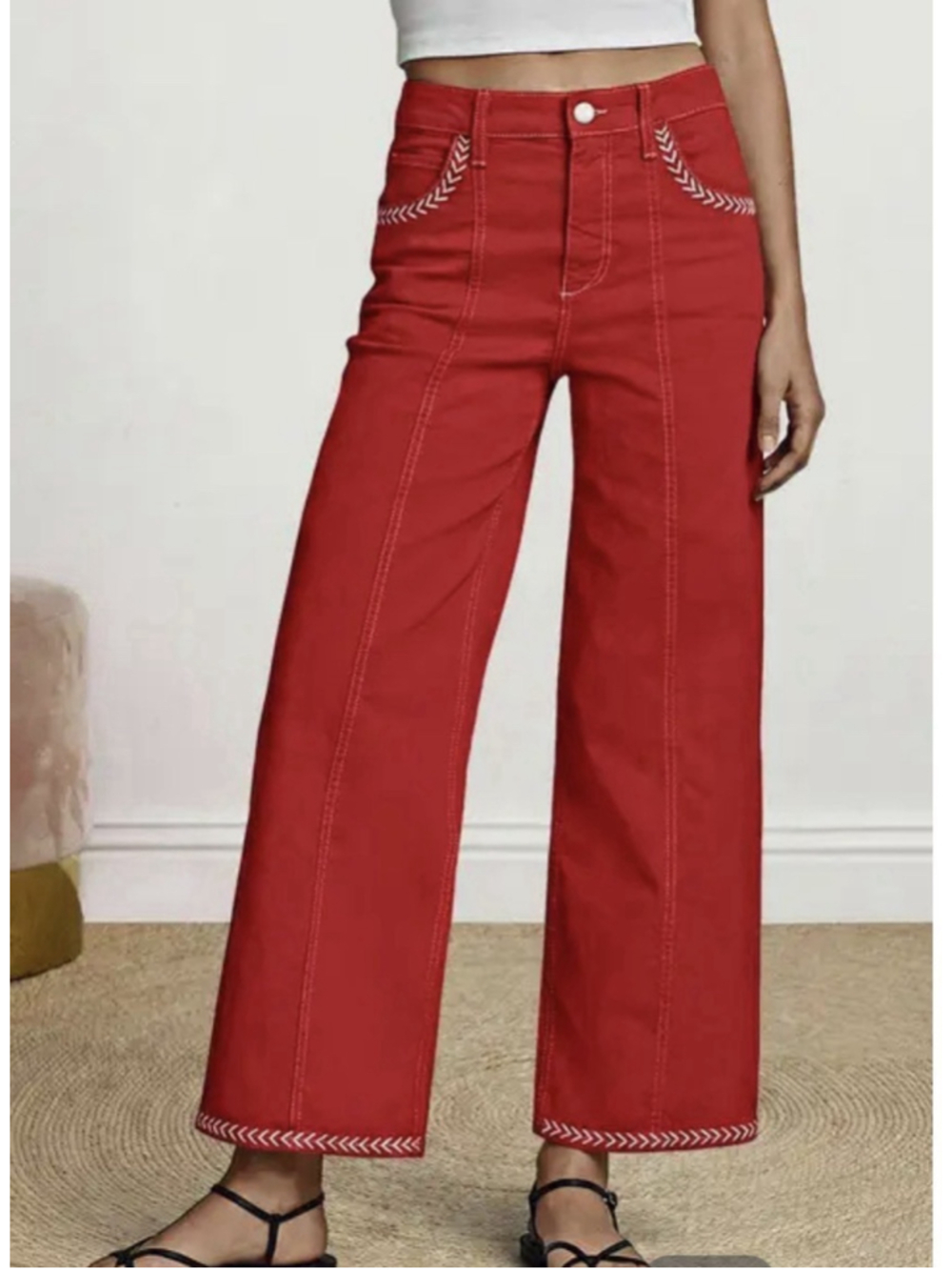 Flamingals Red Contrast Stitch Mid Rise Wide Leg Crop Pants M
